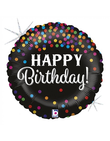 Folienballon rund schwarz Konfetti bunt Happy Birthday 46cm