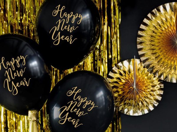 6x Latexballon schwarz Happy New Year gold 30cm