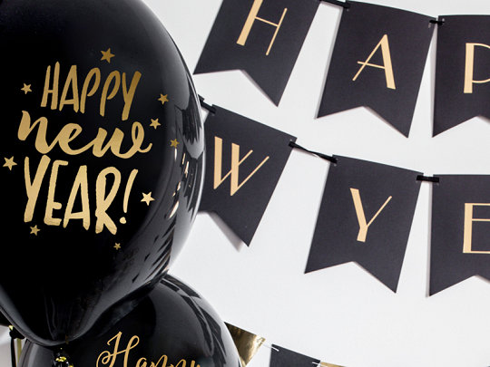 6x Latexballon schwarz Happy New Year gold Sterne 30cm