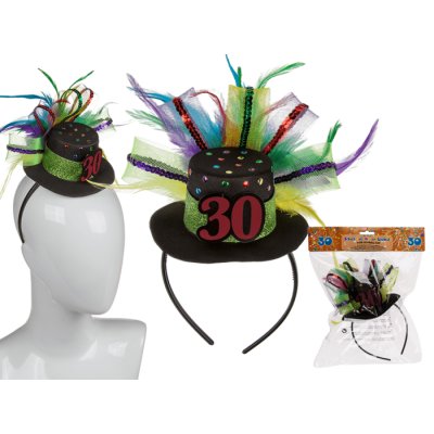 Haarreifen mit Hut schwarz Federn bunt 30. Geburtstag