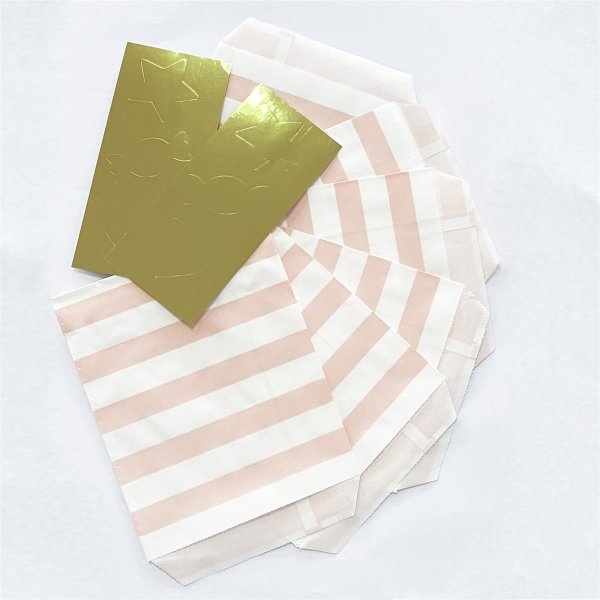 6x Tüte Papier Streifen rosa weiß Sticker gold 13x14cm
