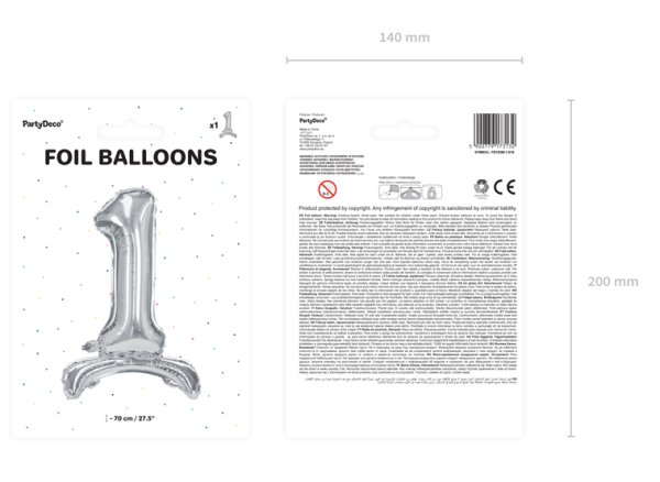 Folienballon Zahl 1 silber mit Standfuß 70 cm