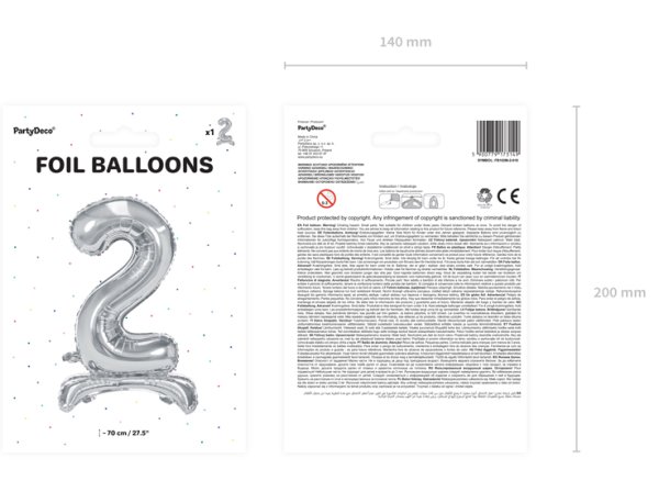 Folienballon Zahl 2 silber mit Standfuß 70 cm