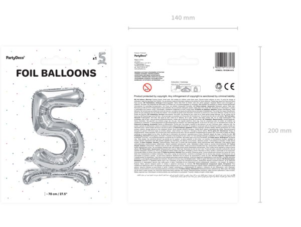 Folienballon Zahl 5 silber mit Standfuß 70 cm