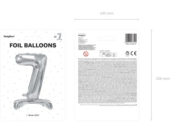 Folienballon Zahl 7 silber mit Standfuß 70 cm