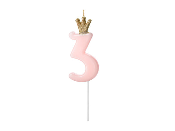Kerze Zahl Nr. 3 mit Krone rosa 9,5cm