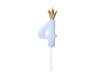 Kerze Zahl Nr. 4 mit Krone blau 9,5cm
