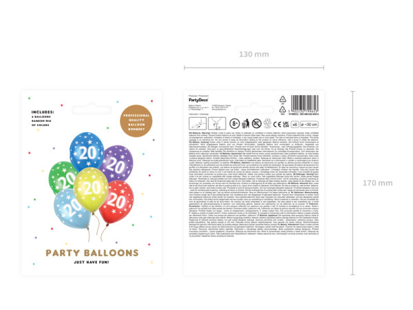 6x Latexballon Strong Zahl Nr. 20 bunt metallic 30cm