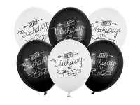 6x Latexballon Strong Happy Birthday schwarz weiß 30cm