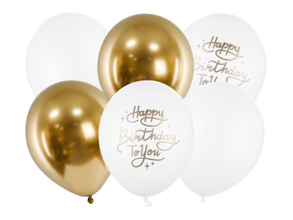 6x Latexballon Strong Happy Birthday to you weiß gold 30cm