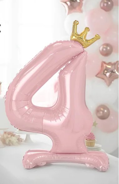 Folienballon Zahl 4 rosa Krone mit Standfuß 84cm