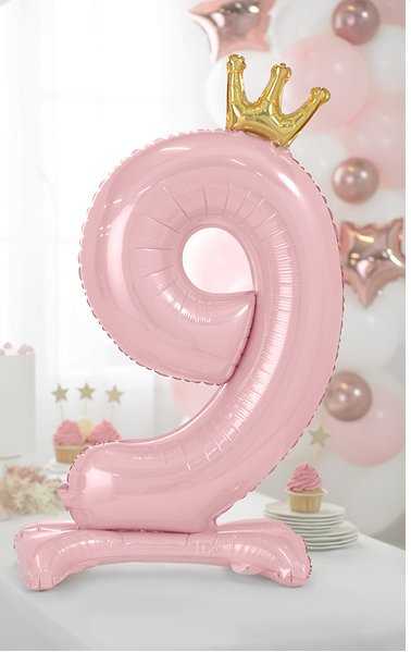 Folienballon Zahl 9 rosa Krone mit Standfuß 84cm