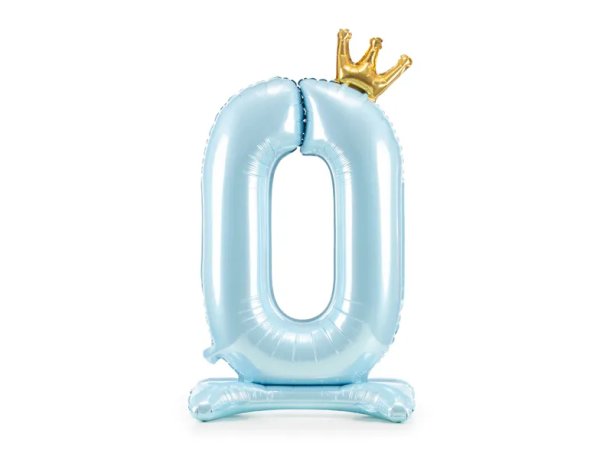 Folienballon Zahl 0 hellblau Krone mit Standfuß 84cm