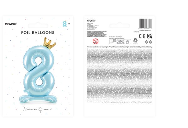 Folienballon Zahl 8 hellblau Krone mit Standfuß 84cm