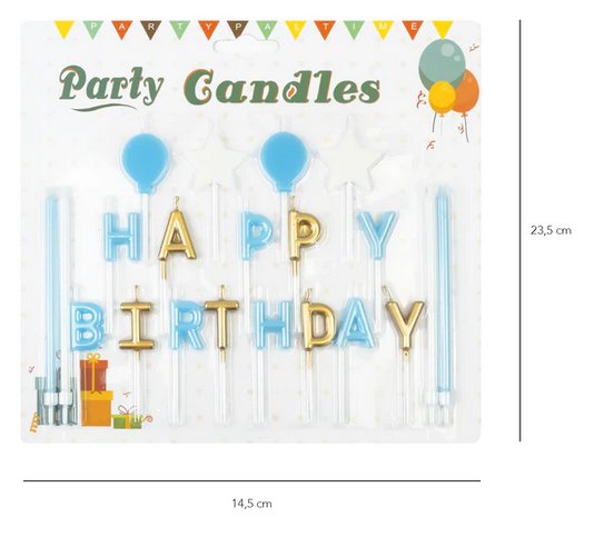 Set Kerzen Buchstaben Happy Birthday hellblau weiß gold