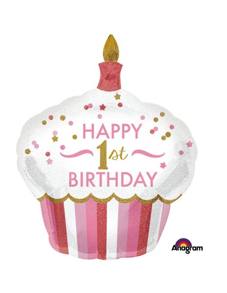 Folienballon Cupcake rosa schillernd 1. Geburtstag gold 91cm
